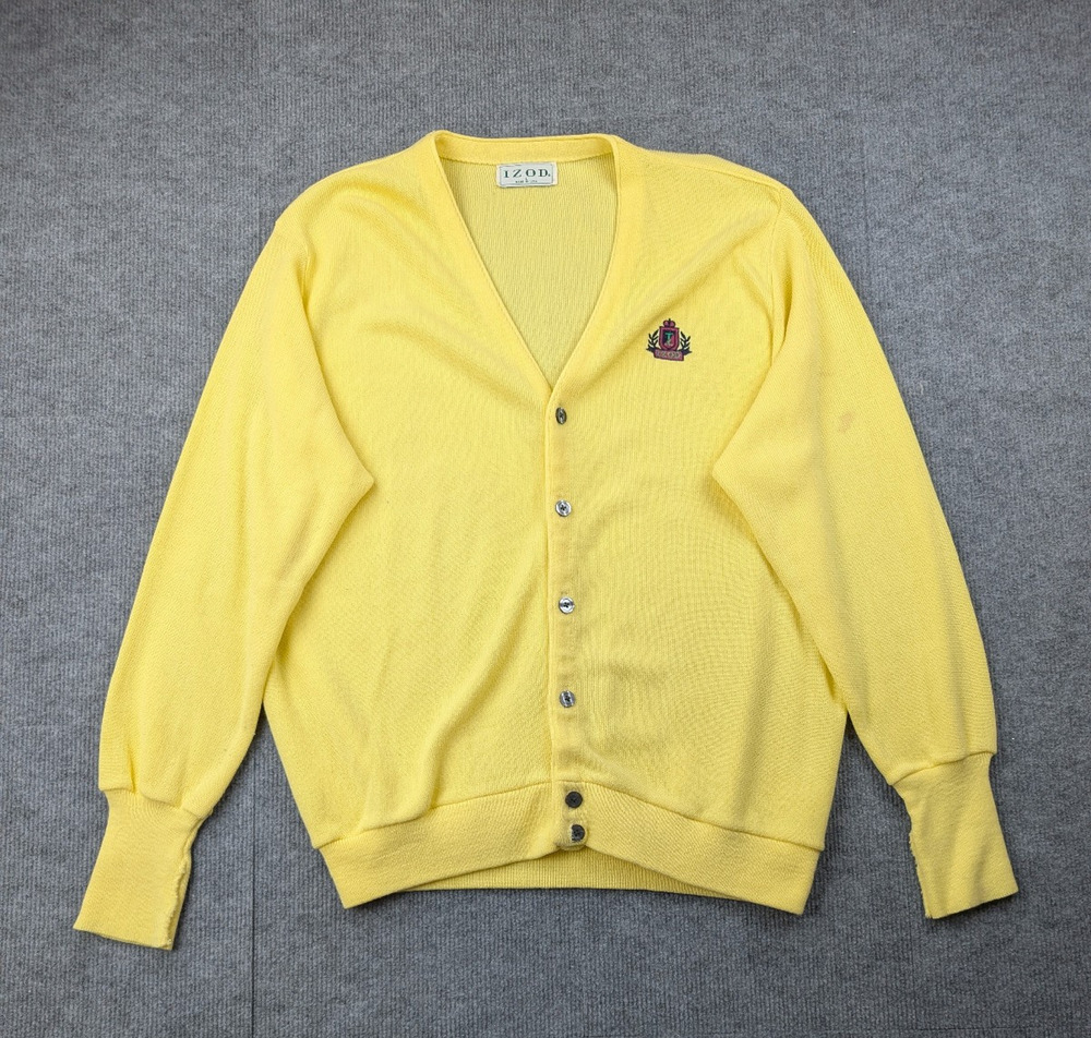 Vintage Izod Cardigan Mens Large Yellow Preppy Crest Timeless Retro Acrylic USA